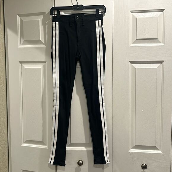 Rag & Bone Black Skinny Jeans w White Faux Leather Stripes on side, Size 24 - Picture 1 of 12